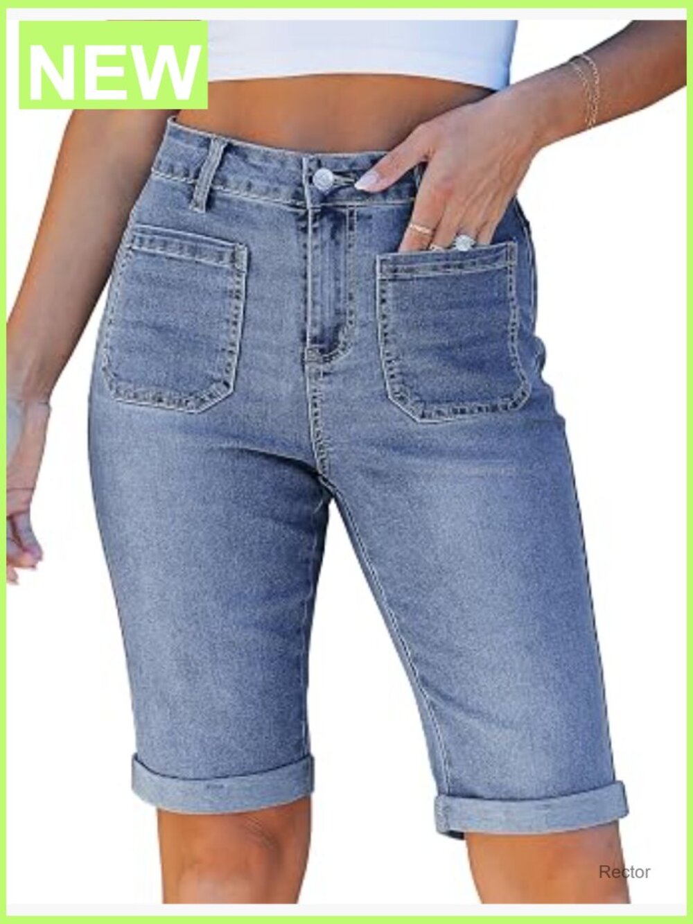High Waisted Bermuda Shorts Knee Length Denim Long Shorts with Pockets
